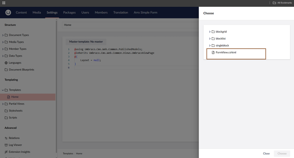 partial view include in template