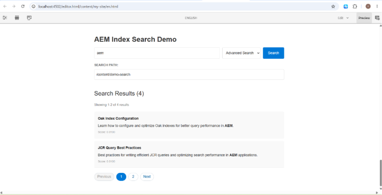 AEM search index ui