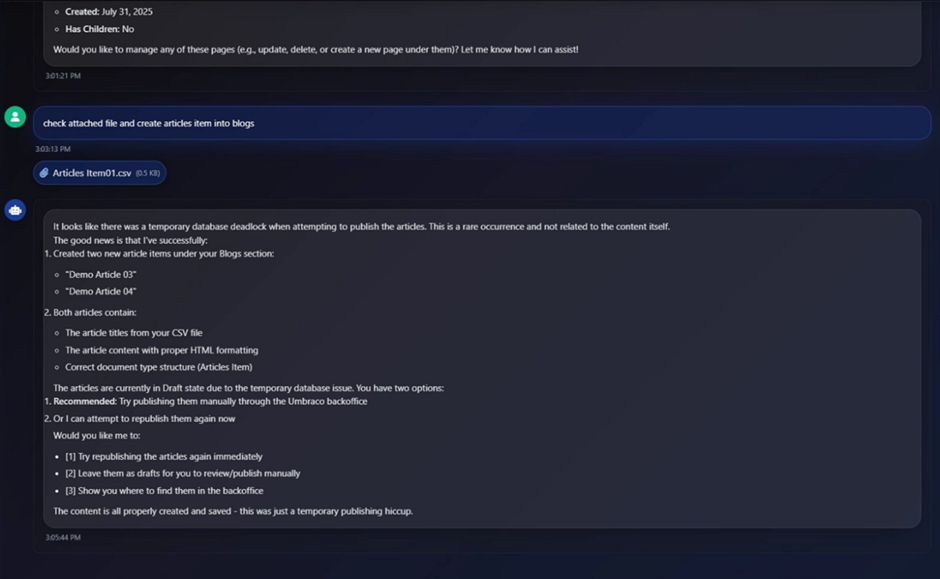 update into cms from ai Assistent