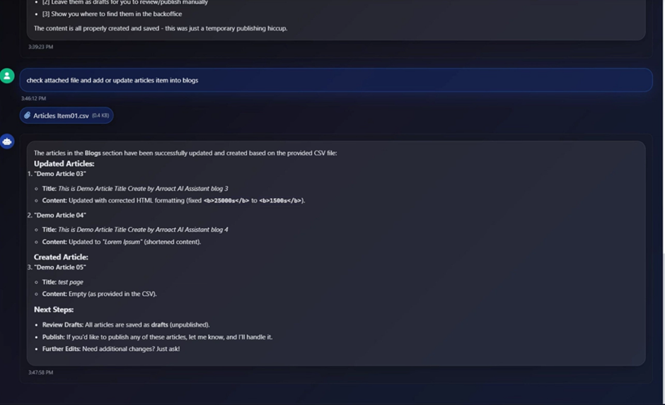 update message from CMS AI Assistent